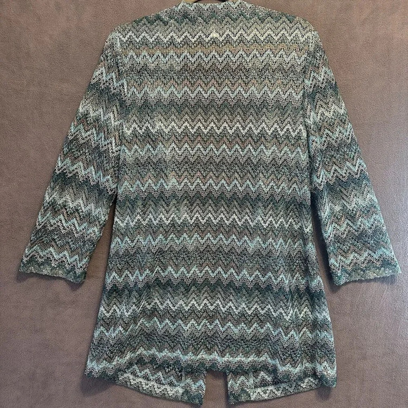 Chicos Travelers Collection Chevron Open Cardigan Blue Size 2 (L) Sheer Zigzag - Picture 2 of 7